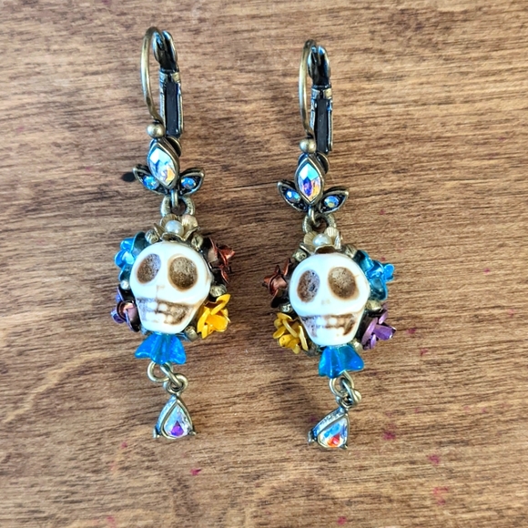 Sugar Skull Flower Sparkly Dangle Earrings - Picture 2 of 9